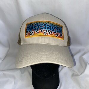 Simms Beige Trucker Hat with Blue & Orange Patch